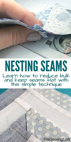 someone is cutting fabric with scissors on top of the sewing machine and text reads nesting seams learn how to reduce bulk and keep