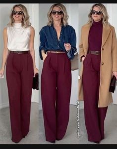 Fall Burgandy Outfits, Colored Slacks Outfit, Deep Winter Office Outfit, Deep Autumn Work Outfits, Slacks Outfit For Women, Deep Autumn Outfit, Burgandy Pants Outfits, Autumn Date Outfit, Burnt Orange Outfits