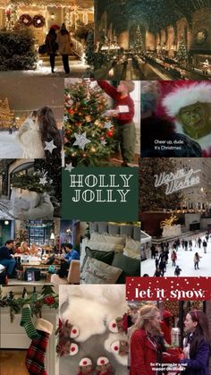 the collage shows people walking around and shopping at christmas time, with holiday decorations on display