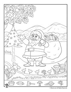 santa claus with presents in the forest coloring page for children and adults, christmas time