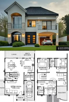 two story house plan with three car garages and an attached living area, in the middle