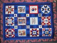 a quilted wall hanging with pictures on it