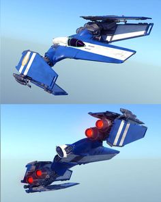 two different views of a blue sci - fi fighter jet flying in the sky with its lights on