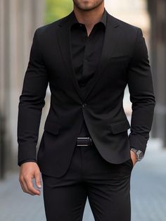 Black Best Man Suit, Black Suit For Wedding Groom Attire, Suits Men All Black, Black Fitted Suits For Men, Best Men Suits Style, All Black Groom Suit Wedding, Mens Suits Black Classy, Men’s Suits Black