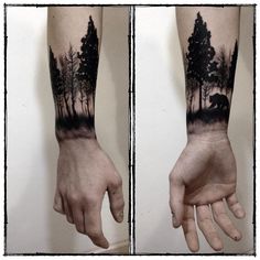 a hand with trees on it is shown