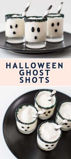 halloween ghost shots with marshmallows in them on a black and white plate