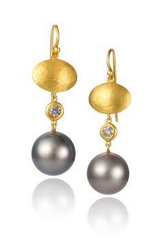 Gold, Pearl & Stone Earrings - These earrings display 14mm round, high luster Tahitian Pearls nested under a 22k oval dome and 0.20 carat diamond.  Comfortable to wear, these earrings are understated luxury. Each pair of pearl earrings will vary slightly due to their organic nature. Gold ear wires. Pearl Diamond Earrings, Tahitian Pearl Pendant, Earrings Display, Organic Nature, Pearl Stone, Pearl And Diamond Earrings, Understated Luxury, Artful Home, Earring Display