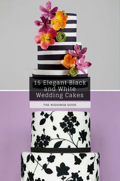 three tiered wedding cake with black and white flowers on top, the words 15 elegant black and white wedding cakes