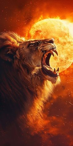 a lion roaring at the moon with its mouth open