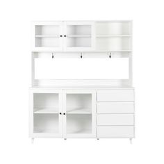 a white bookcase with two doors and three drawers