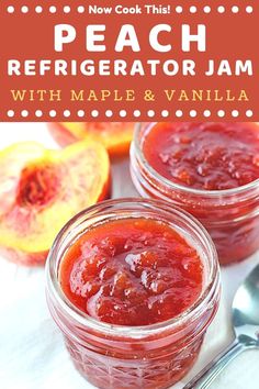 two jars filled with homemade peach refrigerator jam on top of a table