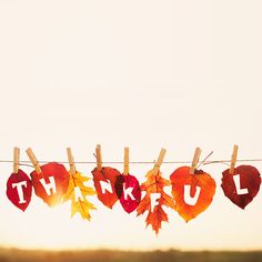 autumn leaves hanging on a clothes line with the words thank you