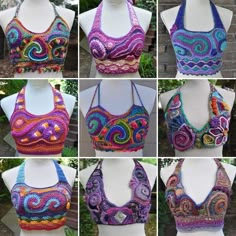 six pictures of different bras made from crochet yarn, each with an intricate design