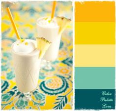 two glasses filled with drinks sitting on top of a colorful table cloth next to each other