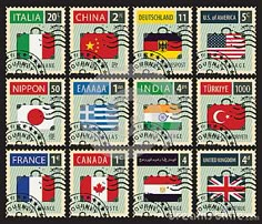 postage stamps with flags from different countries stock photo