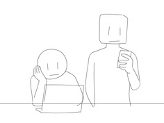 a person standing next to another person with a cell phone in their hand, one line drawing