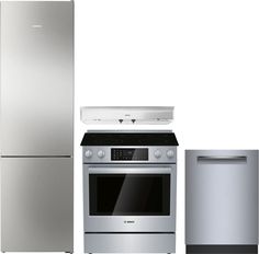 a silver refrigerator freezer sitting next to a stove top oven and dishwasher