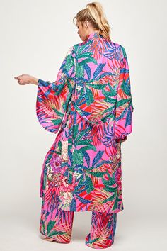 Tropical Vibe Kimono FABRIC & FIT: Model is wearing size Small. Tropical Printed Summer Kimono, Vibrant Multicolor Beach Kimono, Multicolor Tropical Print Beach Kimono, Multicolor Tropical Print Kimono, Tropical Multicolor Floral Print Kimono, Kimono Fabric, Tropical Vibes, How To Look Pretty, Kimono Top