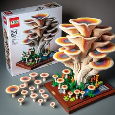 the lego tree is made out of wood and has many different types of mushrooms on it