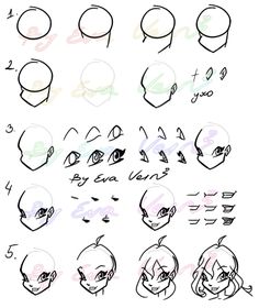 some drawings of different faces and expressions for the character's head, from one to five