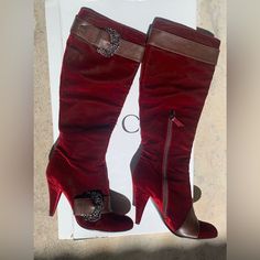 Very Rare, Cost Me $850 Plus Tax. Selling For Half The Price. Like New Perfect For The Holidays Red Fitted Elegant Boots, Fitted Red Elegant Boots, Elegant Fitted Red Boots, Luxury Red Boots For Party, Elegant Burgundy Boots With Red Sole, Elegant Burgundy Heels For Winter, Designer Red Boots For Formal Occasions, Designer Red Formal Boots, Elegant Red Evening Boots