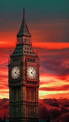 the big ben clock tower towering over the city of london at sunset with clouds in the background