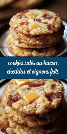 three cookies stacked on top of each other with cheese and bacon toppings in between