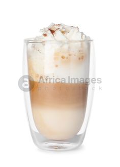 an iced coffee drink with whipped cream in a glass cup on a white background - africa images photo shop