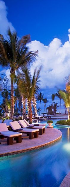 an outdoor swimming pool with lounge chairs and palm trees in the foreground at dusk