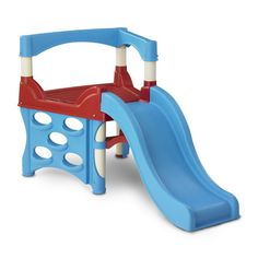 a blue and red play set with a slide