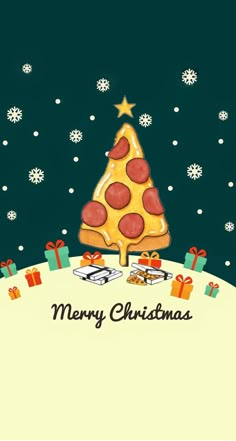 a merry christmas card with a pizza tree