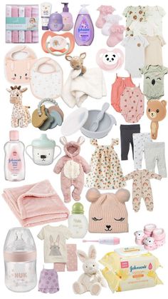 a collage of baby items including clothing and toys