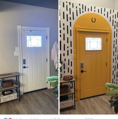 two photos side by side one has a yellow door and the other has a black and white wall