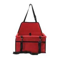 a red and black lunch bag with straps