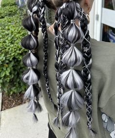 Stylish Hairstyles for Every Occasion Black And White Festival Braids, Black And Grey Braids, Rave Braids Extensions, Gabby Outfits, Split Dyed Hair Underneath, Rave Braids Festival Hair, Ponytail With Braids, Rave Braids, Braided Ponytails