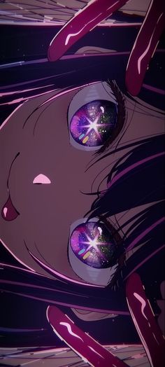 an anime character with purple hair and stars on her eyes looking down at the camera