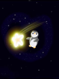 a cartoon penguin flying through the air with a star in it's hand,