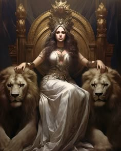 a woman sitting on top of a throne with two lions in front of her,