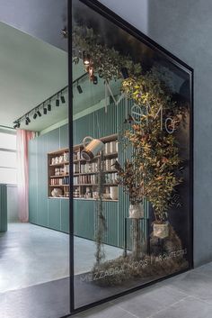 a store front with plants and books on the shelves in it's glass display case