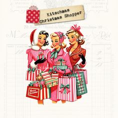 three women in pink dresses are holding christmas presents and gift bags with the words kitschmas christmas shopper on it