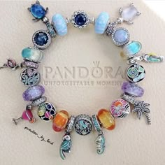 Pandora Bracelet Multicolor, Pandora Summer Bracelet, Pandora Bracelet Inspiration, Pandora Charm Bracelet Aesthetic, Pandora Charm Necklace, Pandora Summer, Pandora Bracelet Ideas, Pandora Bracelet Charms Ideas, Girly Bracelets