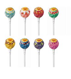 six lollipops are shown in different colors and designs, each with the same character