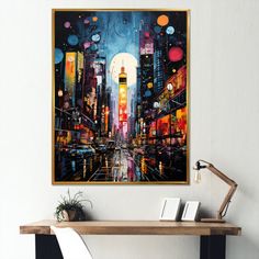 a painting hanging on the wall above a desk