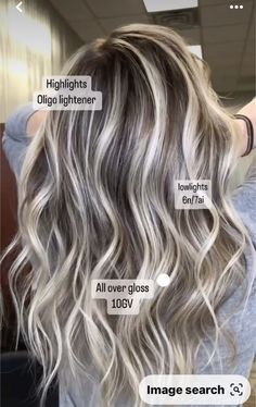 Soft Lowlights For Blondes, Level 7 Base With Highlights, Low Light Placement Hair Color, Gray Blending With Lowlights, Blonde With Ash Brown Lowlights, Full Highlights Brown Hair, House Of Color Summer Hair, Ash Blonde Hair Formula, Dark Under Hair Blonde On Top