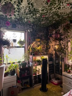 a room filled with lots of plants next to a window