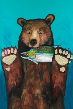 a painting of a bear holding a fish