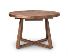 a round wooden table with two intersecting legs