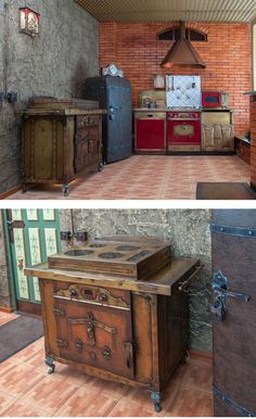 an old fashioned kitchen with two stoves and cabinets in the same room, but different colors