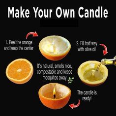 an orange is being cut in half and put into a bowl with the words make your own candle