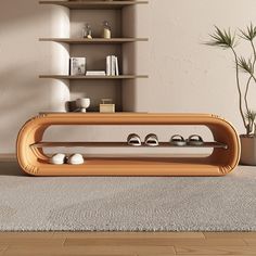 a living room scene with focus on the coffee table and shelves in the background,